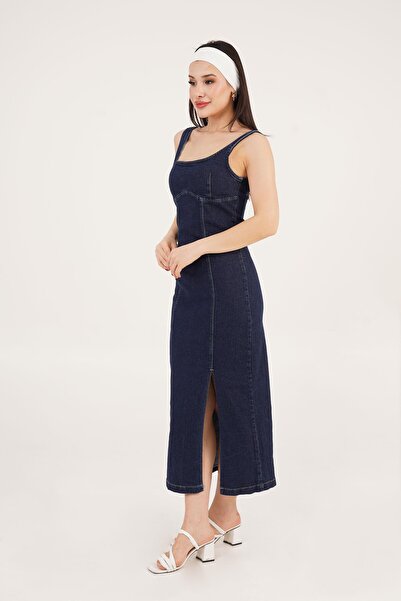 Hipo Trend Yırtmaç Detaylı Askılı Midi Boy Koyu Mavi Kot Elbise