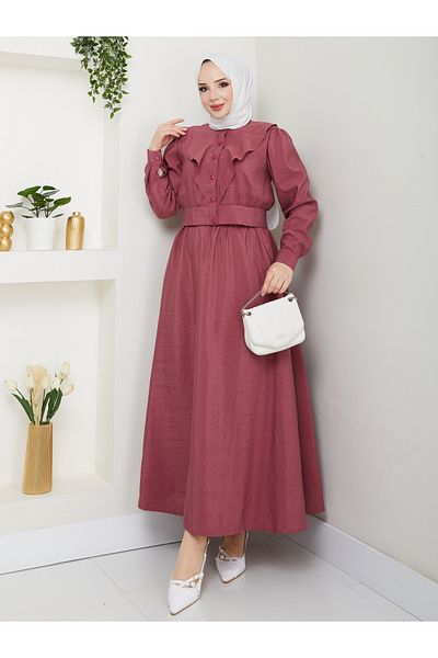 MODAMERSİ Γυναικείο Dusty Rose μπροστινό βολάν πουκάμισο με μανίκια φούστα δύο τεμαχίων