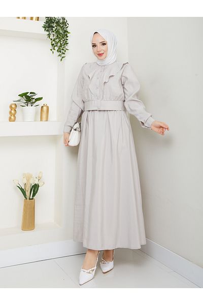 MODAMERSİ Women's Stone Front Ruffled Balloon Sleeve Shirt Skirt Double Set