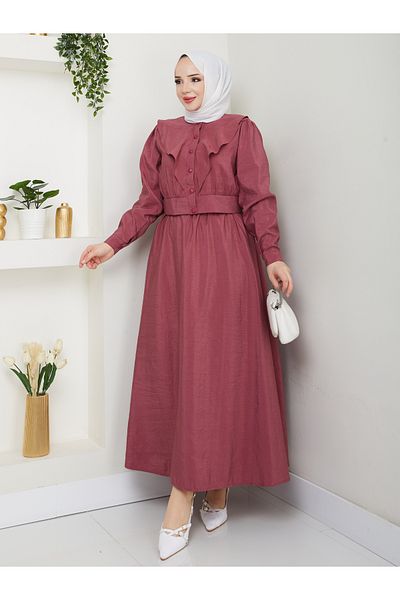MODAMERSİ Γυναικείο Dusty Rose μπροστινό βολάν πουκάμισο με μανίκια φούστα δύο τεμαχίων