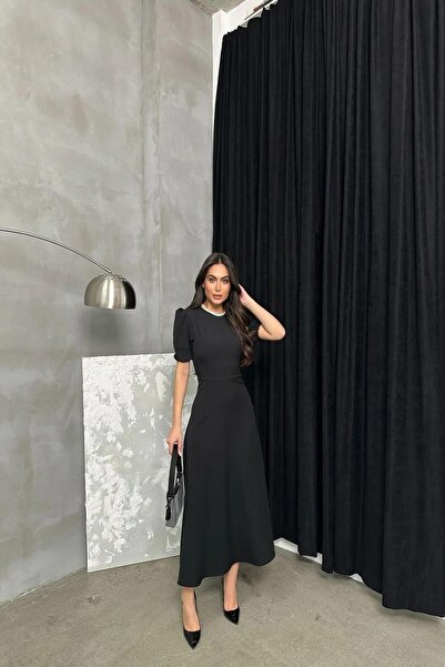 Deafox Černé importované krepové šaty s melounovým rukávem na zip Midi délka