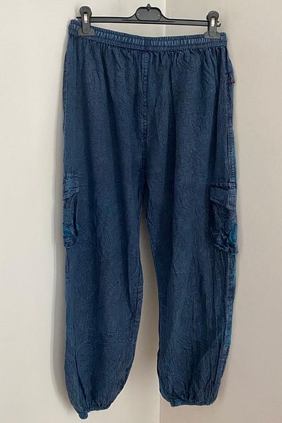 AYASOFYA OTANTIK Unisex Nepalese Blue Ethnic Loose Hippie Bohemian Trousers with Elastic Waist and Legs Cargo Pockets