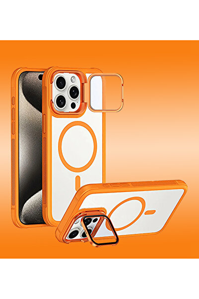 Caseji iPhone 14 Pro Uyumlu Standlı Kamera Kısmı Cam Korumalı Arkası Mat MagS...
