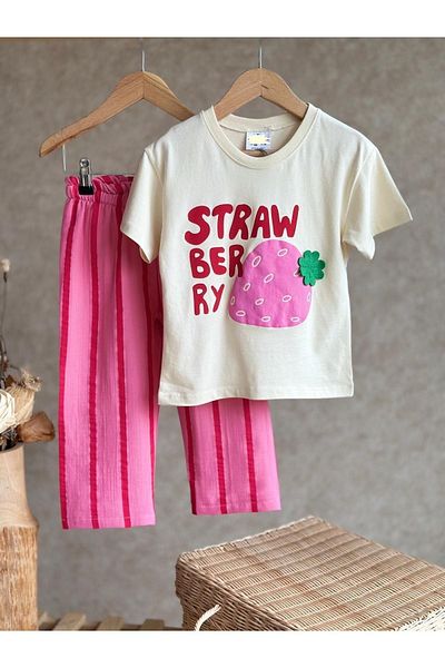 Lolliboomkids Set de pantaloni de jogging cu dungi din țesătură de muselină pentru fete, tricou cu detaliu 3d cu căpșuni