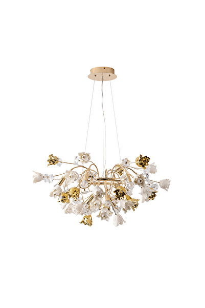 Apliqa Faxon 9'lu Gold Çiçek Desenli Modern Yuvarlak Sarkıt Salon Avize