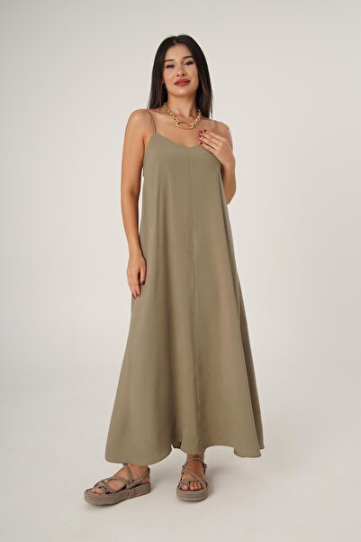 Hipo Trend Хакі колір Тонкі бретелі Довга сукня-комбінація
