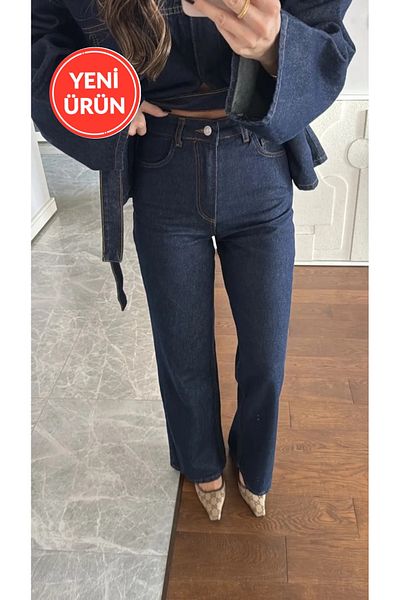 Perryes Women's Vintage High Waist Navy Blue Denim Pants