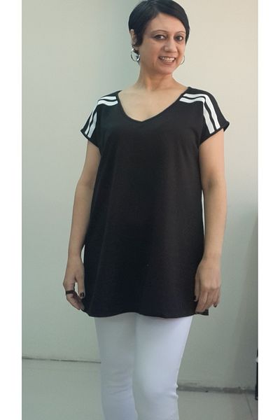 Mertcan Butik Black V-Neck Size with the Whole Came White Black Shertli Low Arm Combed Viscose T-Shirt