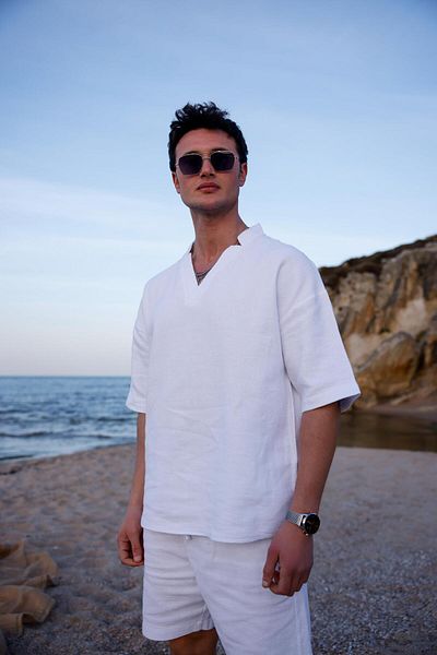 Pobudo White Color V-Neck Shirt Shorts Men's Washed Linen Set