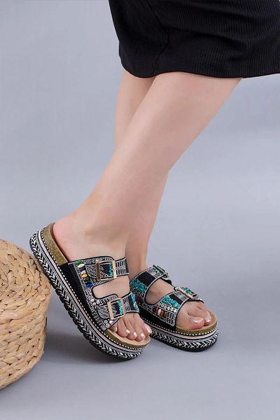 Guja Women's Thick Sole Straw Patterned Stone Double Buckle Slippers