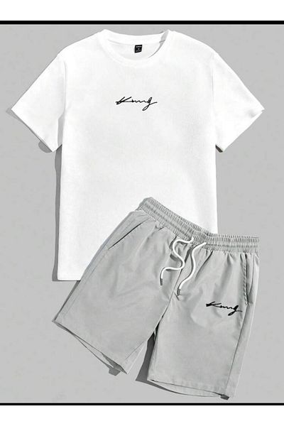 SELENA BUTİK Unisex White T-Shirt Gray Shorts Top Bottom 2 Piece Set