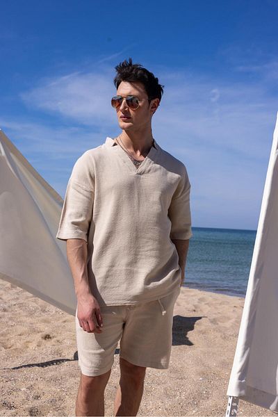Pobudo Beige Color V-Neck Shirt Shorts Men's Washed Linen Set
