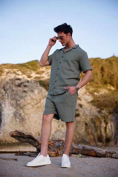 Pobudo Khaki Color Men's Linen Set: Shirt and Shorts
