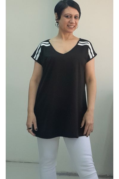 Mertcan Butik Black V-Neck Size with the Whole Came White Black Shertli Low Arm Combed Viscose T-Shirt
