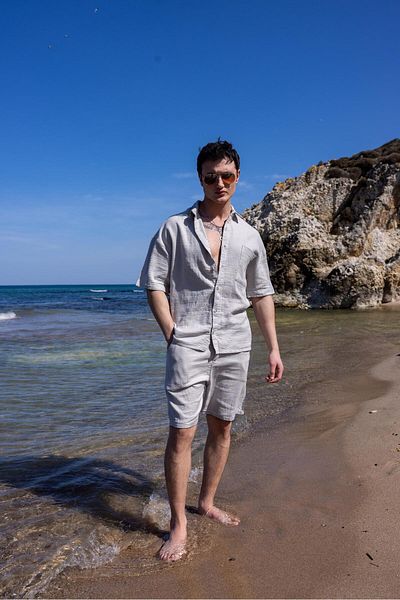 Pobudo Linen Fabric Gray Color Pocket Detailed Shirt Shorts Men's Set