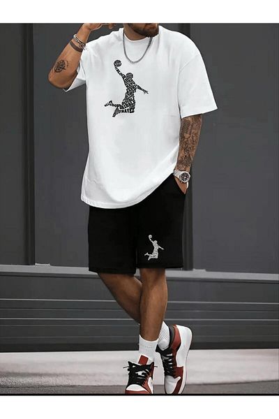 SELENA BUTİK Unisex Block White T-Shirt Black Shorts Top Bottom 2 Piece Set