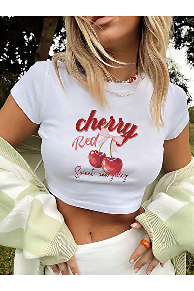 EVIus تي شيرت نسائي مطبوع باللون الأحمر الكرزي