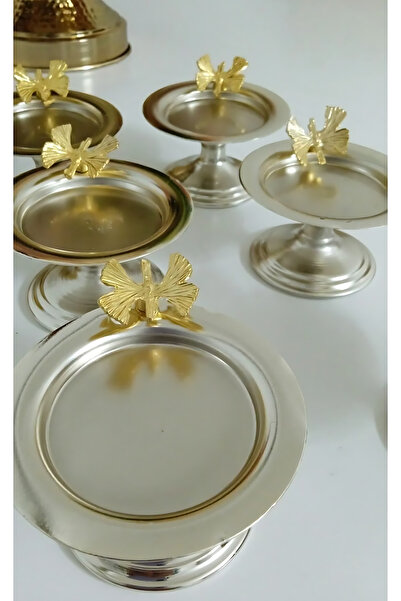 Yaren Style مجموعة مكونة من 6 قطع من الماكارون والبهجة التركية بنمط الفراشة باللون الفضي - وعرض القهوة على الجانب