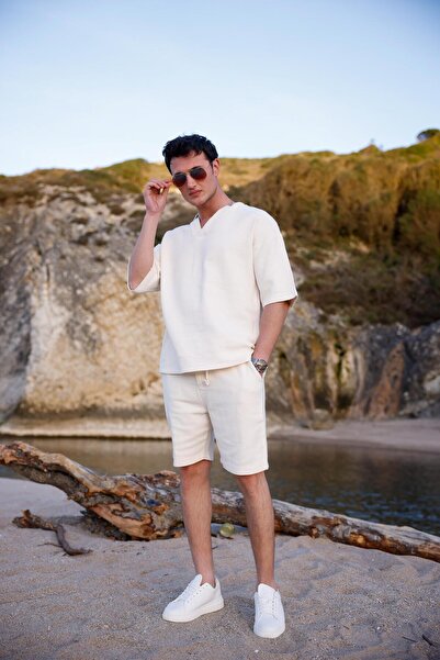 Pobudo Cream Color V-Neck Shirt Shorts Men's Washed Linen Set