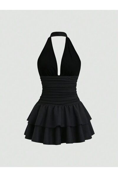 WAY OF LOVE HALTER YAKA ETEĞİ KAT KAT DRAPELİ YAZLIK ELBİSE