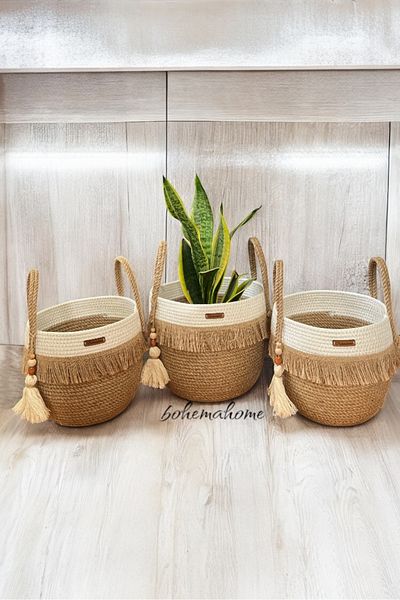 Bohemahomedecor Тройна плетена кошница от юта, органайзер за саксии за цветя, многофункционална кошница