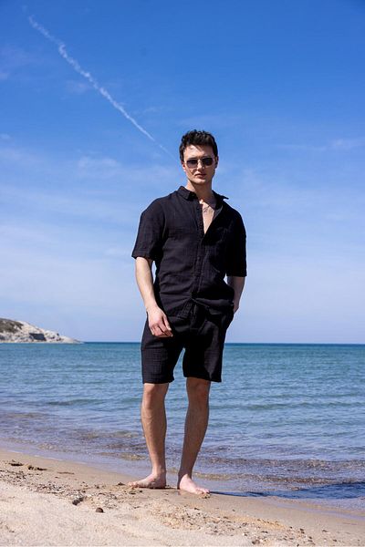 Pobudo Linen Fabric Black Color Pocket Detailed Shirt Shorts Men's Set