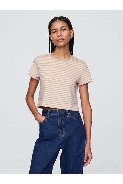 GAP Kadın Bej %100 Organik Pamuk VintageSoft Crop T-Shirt