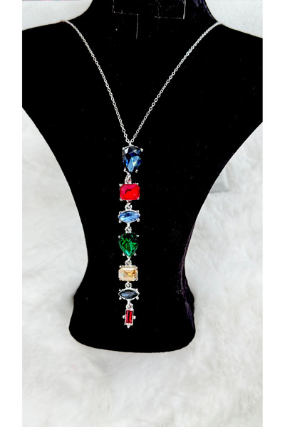 GM TAKI سلسلة فضية ملونة حجر صف قلادة سباركلي ليلة الأناقة