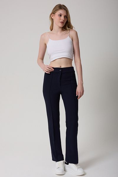 freemen Women's High Waist Navy Blue Gathered Spanish Leg Palazzo Trousers