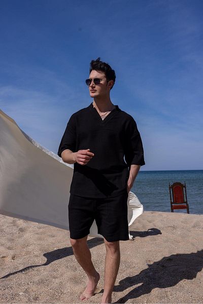 Pobudo Black Color V-Neck Shirt Shorts Men's Washed Linen Set