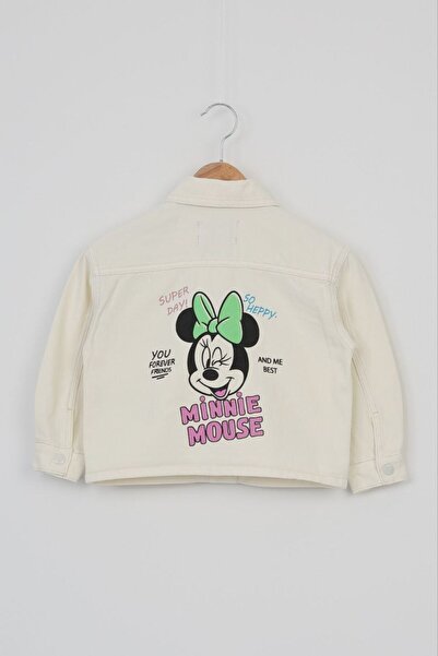 (3-10) Yaş Arası Kız Çocuk Arkası Minnie Mouse Baskılı-Çıtçıtlı-Cep Detaylı Ceket-(Krem Renk)