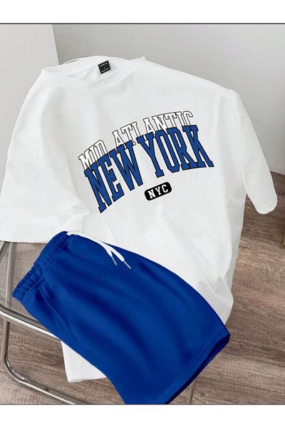 SELENA BUTİK Uniszex Nyc fehér póló kék rövidnadrág felső alsó 2 részes szett