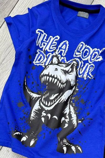 eQru Store Set de vară pentru copii cu tricou albastru cu imprimeu dinozaur și pantaloni scurți negri