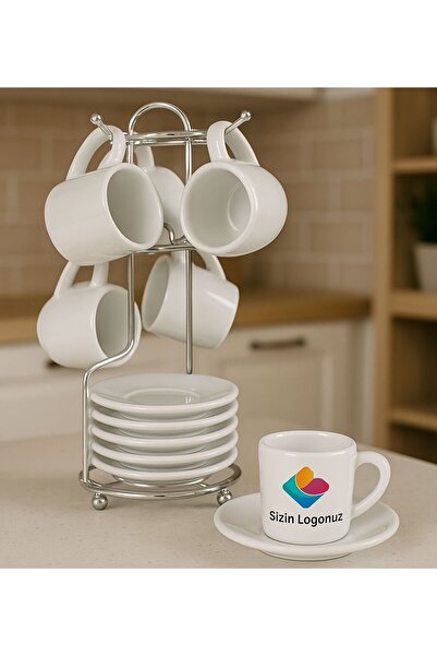 Bk Gift Kişiye Özel Logolu 6'lı Metal Standlı Türk Kahvesi Fincanı, Firmalara Özel Fincan, Yeni İş H