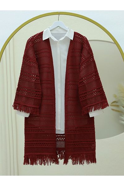 Modamorfo Openwork Cardigan with Tassels on Sleeves and Skirt - Burgundy