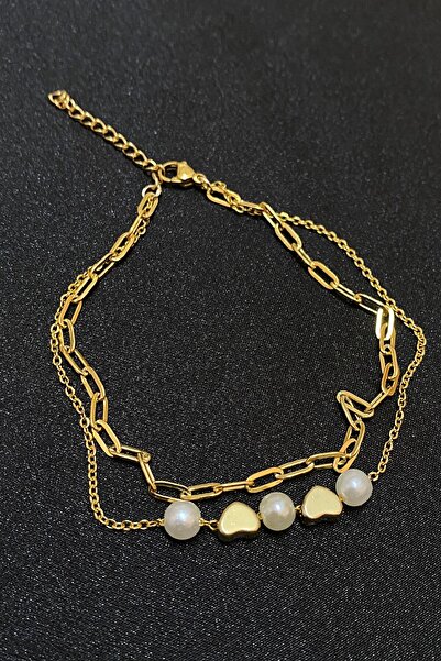 X-Lady Accessories Altın Renk İncili Kalp Model Ezme Ve Sf Zincir Çelik Halhal - 3293