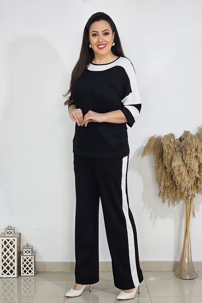 xlargebutik Plus Size Clothing Black and White Pocket Loose Leg Suit