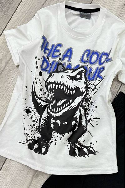 eQru Store Dinosaur Print White T-Shirt and Black Shorts Summer Kids Set