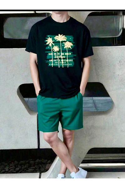 SELENA BUTİK Unisex Black T-Shirt Green Shorts Top Bottom 2 Piece Set