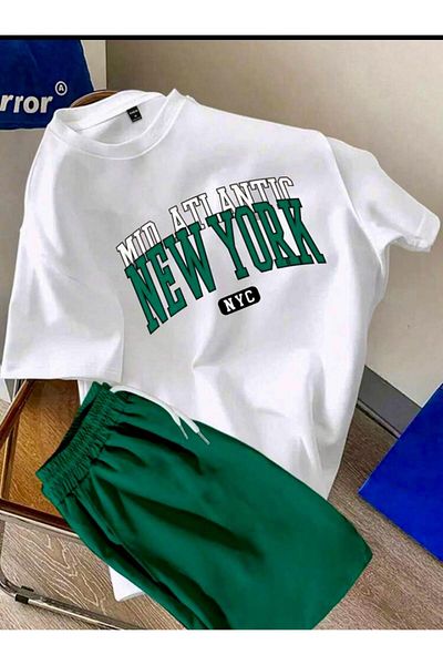 SELENA BUTİK Unisex Nyc White T-Shirt Green Shorts Top Bottom 2 Piece Set