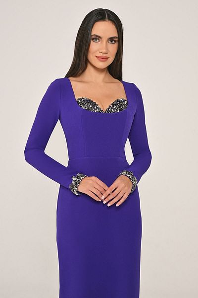 ALFABETA Alpha Beta Chest and Sleeve Embroidered Slim Fit Crepe Long Evening Dress