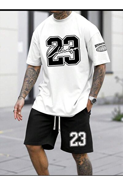 SELENA BUTİK Унісекс 23 Біла футболка Чорні шорти Верх Низ 2 шт.