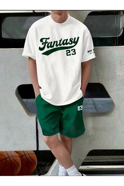 SELENA BUTİK Unisex Fantasy White T-Shirt Green Shorts Top Bottom 2 Piece Set