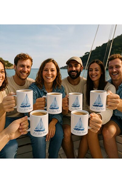 Bk Gift Kişiye Özel 6'lı Tekne İsimli Beyaz Kupa Bardak-1, Tekne Hediyesi, Arkadaşa Hediye