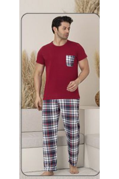 Ars Men's Pajama Set Short Sleeve Quality Cotton Plaid Six Check Men's Pajama Set Cotton