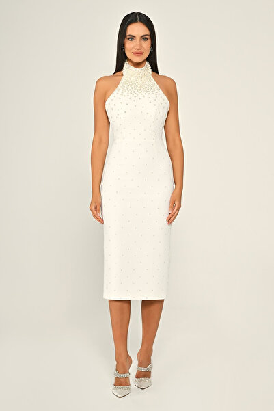 ALFABETA Halter Yaka Boncuklu Krep Midi Abiye Elbise Alfa Beta B7028