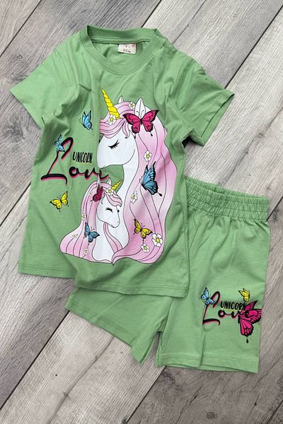 eQru Store Unicorn Printed Green T-Shirt and Shorts Girl's Summer Suit