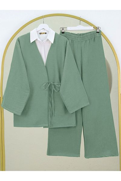 Modamorfo Set kimono cu cravată în față și pantaloni - mentă