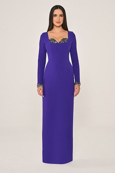 ALFABETA Alpha Beta Chest and Sleeve Embroidered Slim Fit Crepe Long Evening Dress