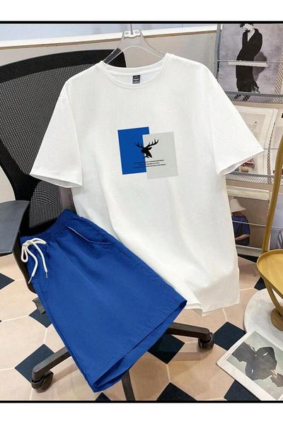 SELENA BUTİK Unisex Deer White T-Shirt Blue Shorts Top Bottom 2 Piece Set